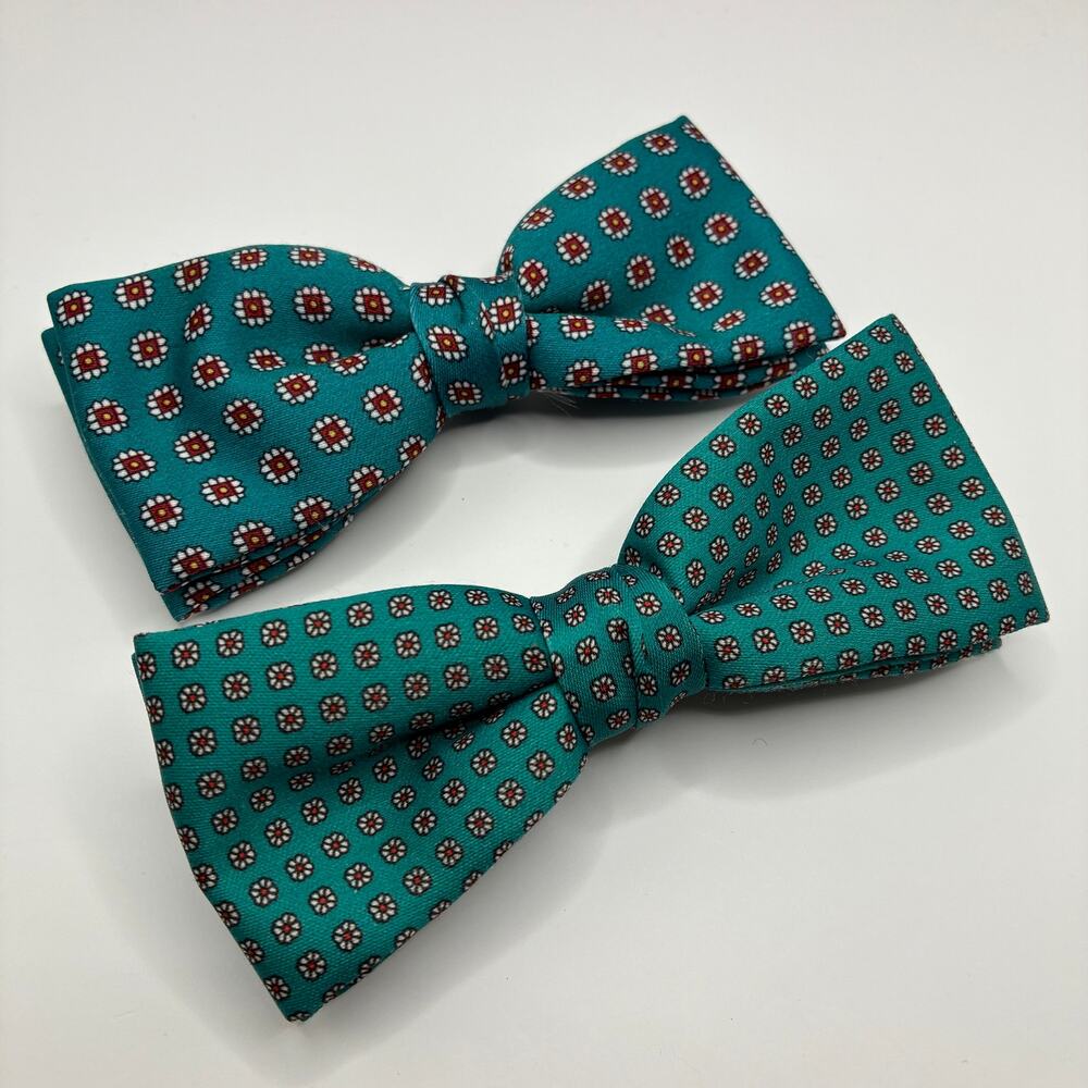 VTG Ormond Green Foulard Clip On Bow Ties Lot of 2 Rust Resist Teal Geometric
